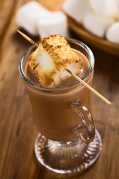 Hot chocolate with toasted marshmallow on a skewer on top on dark wood (Selective Focus, Focus on the front edge of the toasted marshmallow)