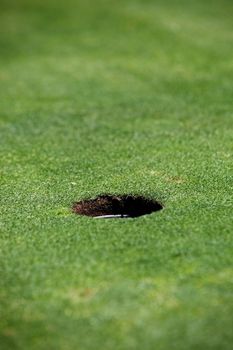 Hole in which to sink the ball on a golf course on the neatly manicured green, low angle close up view
