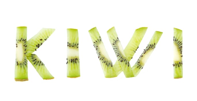 word kiwi made of ripe fruit slices isolated