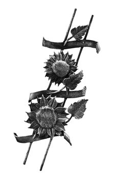 The forged steel wall composition of sunflower, leaves and scrolls isolated on white background