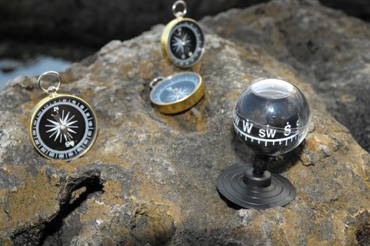 Orientation Concept - Analogic Compass Abandoned on the Rocks