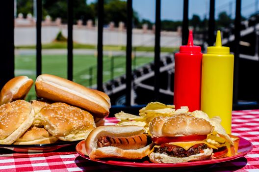 American football party with cheeseburger, hot dog, potato chips, ketchup and mustard bottles and buns.  Football field in background.