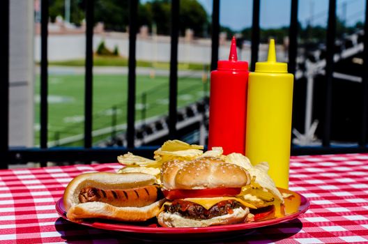 Tailgate party with cheeseburger, hot dog, potato chips and mustard and ketchup bottles.  Football field in background.