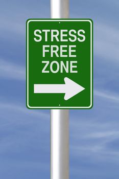 A modified one way street sign pointing to a stress-free zone