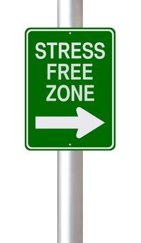 A modified one way street sign pointing to a stress-free zone