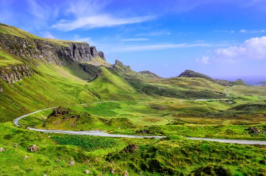 View of Quiraing mountains and the road, Scottish highlands, United Kingdom