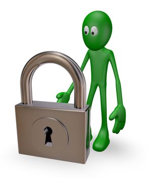 green guy and padlock on white background - 3d illustration