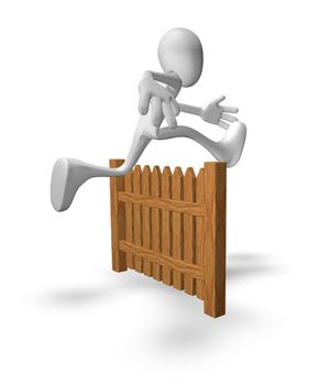 white guy jumps over wooden fence - 3d illustration