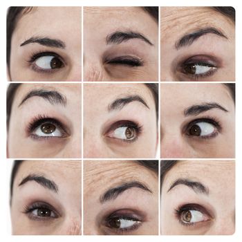 Collage of various pictures showing the eyes of a woman grimacing