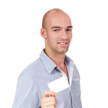 young successful businessman with blank business card isolated