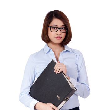 smiling young business woman with folder portrait isolated