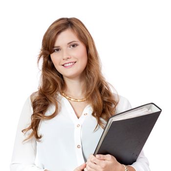 smiling young business woman with folder portrait isolated