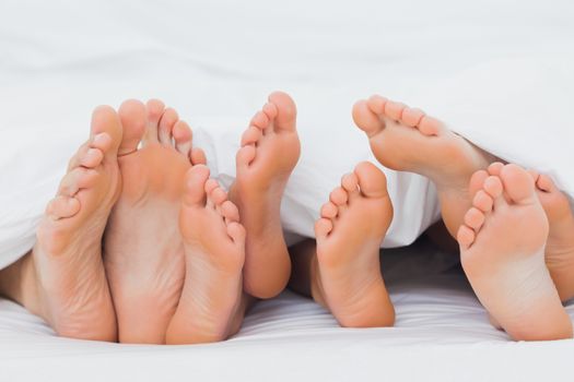 Feet of a family sticking out from the white quilt