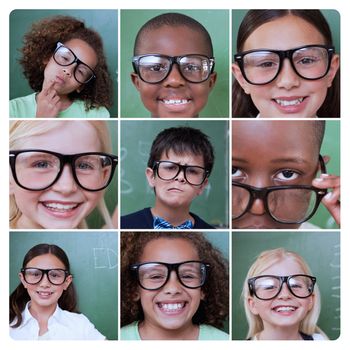 Collage of different pictures of pupils wearing reading glasses