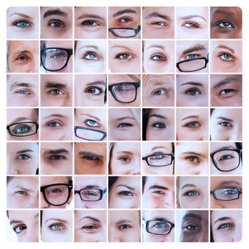 Collage of different pictures of eyes of people and reading glasses