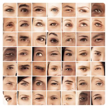 Collage of different pictures of various eyes in sepia