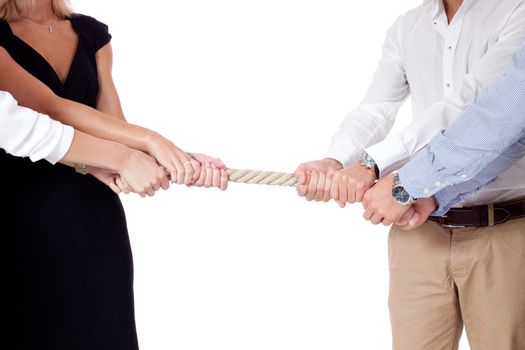 business woman against businessman pulling rope isolated on white