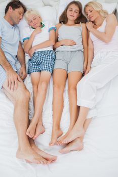 Family sleeping in bed together