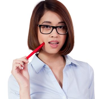 young successful attractive asian businesswoman with blue shirt isolated