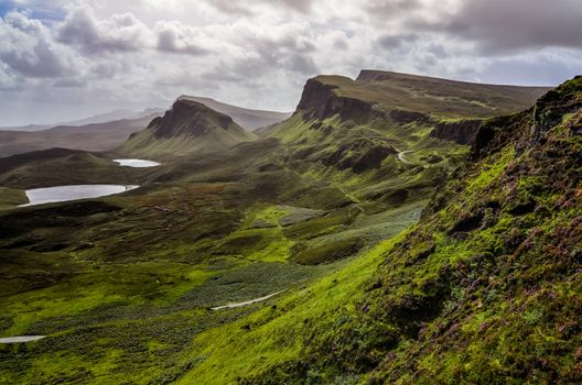 Landscape view of Quiraing mountains in Isle of Skye, Scottish highlands, United Kingdom
