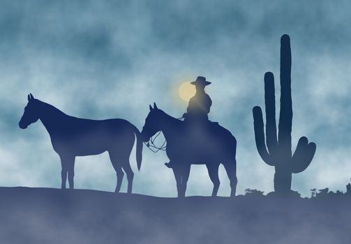 Cowboy and Horses in a Foggy Day