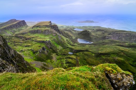 Scenic view of green Quiraing coastline in Scottish highlands, United Kingdom