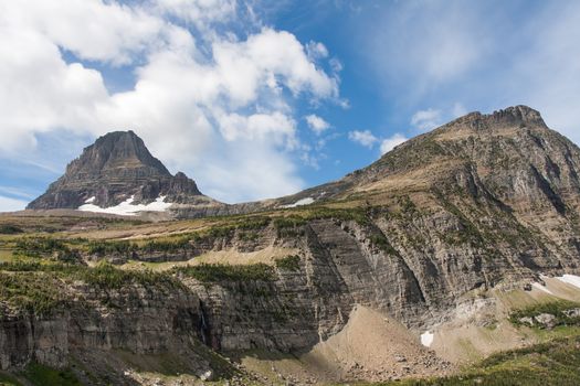 Hiking on the Logans Pass trails at Glacier National Park provides wonderful views such as Mount Reynolds shown here, elevation 9,125 feet.