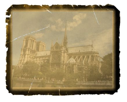 Old photo paper texture with view of Notre-Dame cathedral - Paris, France