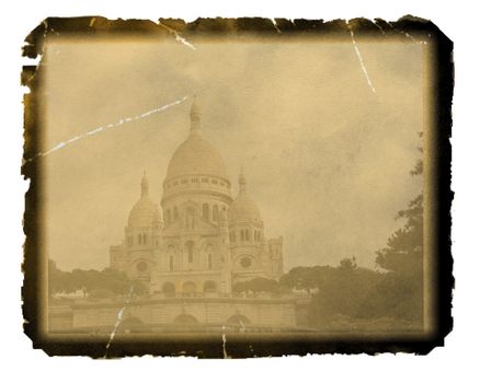 Old photo paper texture with view of  Sacre Coeur in Montmartre. Paris