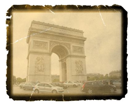 Old photo paper texture with view of  the Arc de Triomphe, Paris