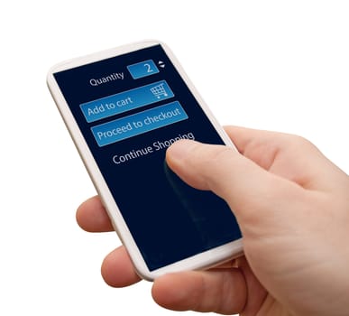 Closeup of Man's Hand Touching Screen of Smartphone With Add To Cart Button on Display - Isolated on White