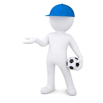 3d white man with soccer ball holds out empty hand. Isolated render on a white background
