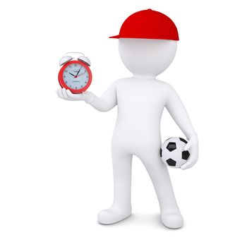 3d white man with soccer ball and alarm clock. Isolated render on a white background
