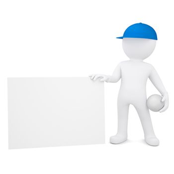 3d white man with a volleyball ball holding empty business card. Isolated render on a white background