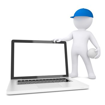 3d white man with a volleyball ball holding laptop. Isolated render on a white background