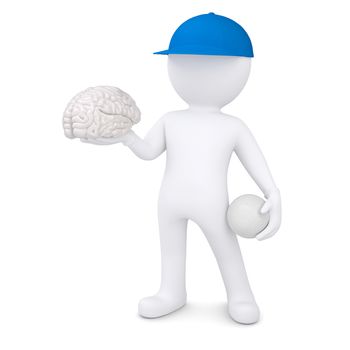 3d white man with a volleyball ball keeps the brain. Isolated render on a white background