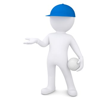 3d white man with volleyball ball holds out empty hand. Isolated render on a white background