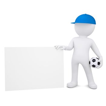 3d white man with soccer ball holding blank business card. Isolated render on a white background