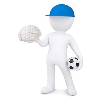 3d white man with soccer ball and the brain. Isolated render on a white background