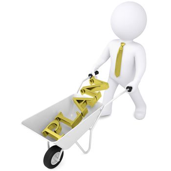 3d white man carries a wheelbarrow the golden word plan. Isolated render on a white background