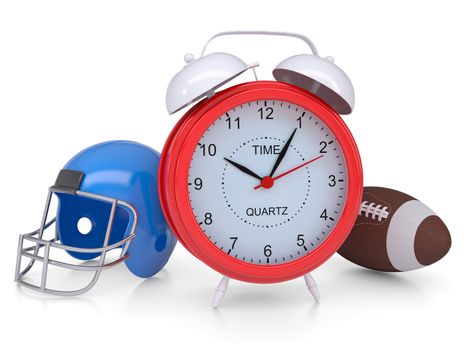 Alarm clock, a football helmet and ball. Isolated render on a white background