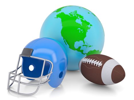 Earth, football helmet and ball. Isolated render on a white background