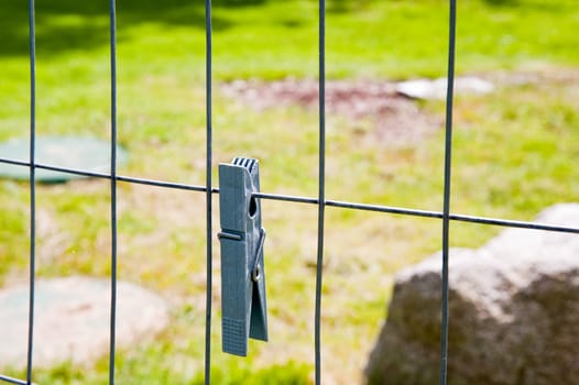 Clothespin on a fence in a yard