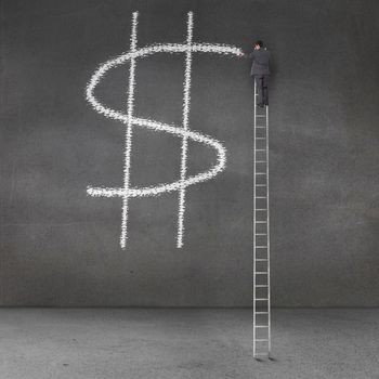 Business man climbing on a giant ladder and drawing dollar symbol on wall