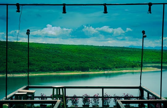 The Landscape of Blue cloudy Sky, Green Mountain and Sailing in Lake View.