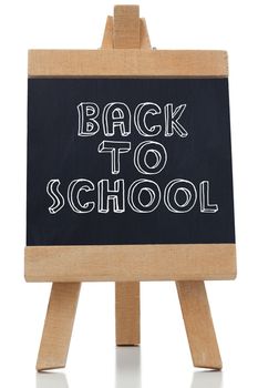 Back to school written on chalkboard against white background