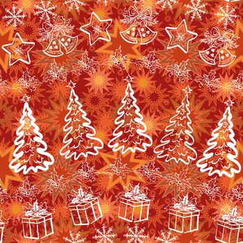 Holiday seamless pattern: Christmas trees, gift boxes, stars, bells and snowflakes.