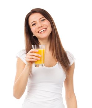 Beautiful woman with a glass of orange juice, isolated on white