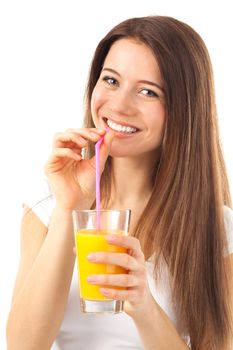 Nice young woman with a glass of orange juice, isolated on white
