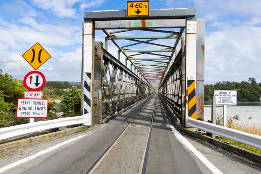 Combined one lane rail and road bridge in Hokitika, New Zealand